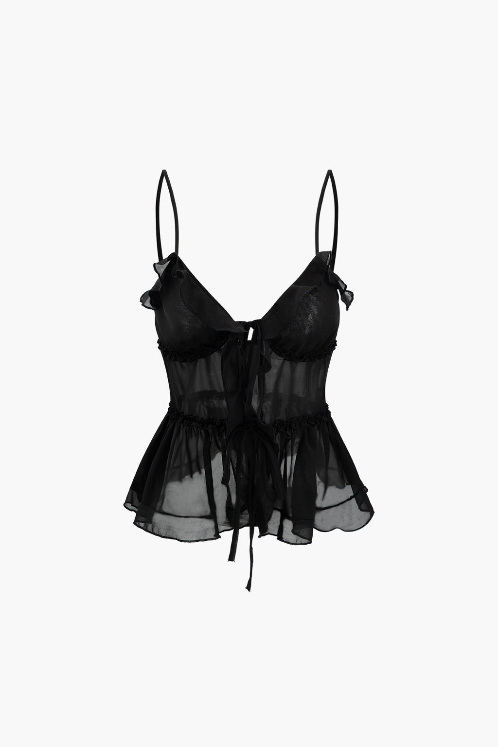 SHEER RUFFLE CAMI TOP IN BLACK WITH SOLID COLOR DESIGN