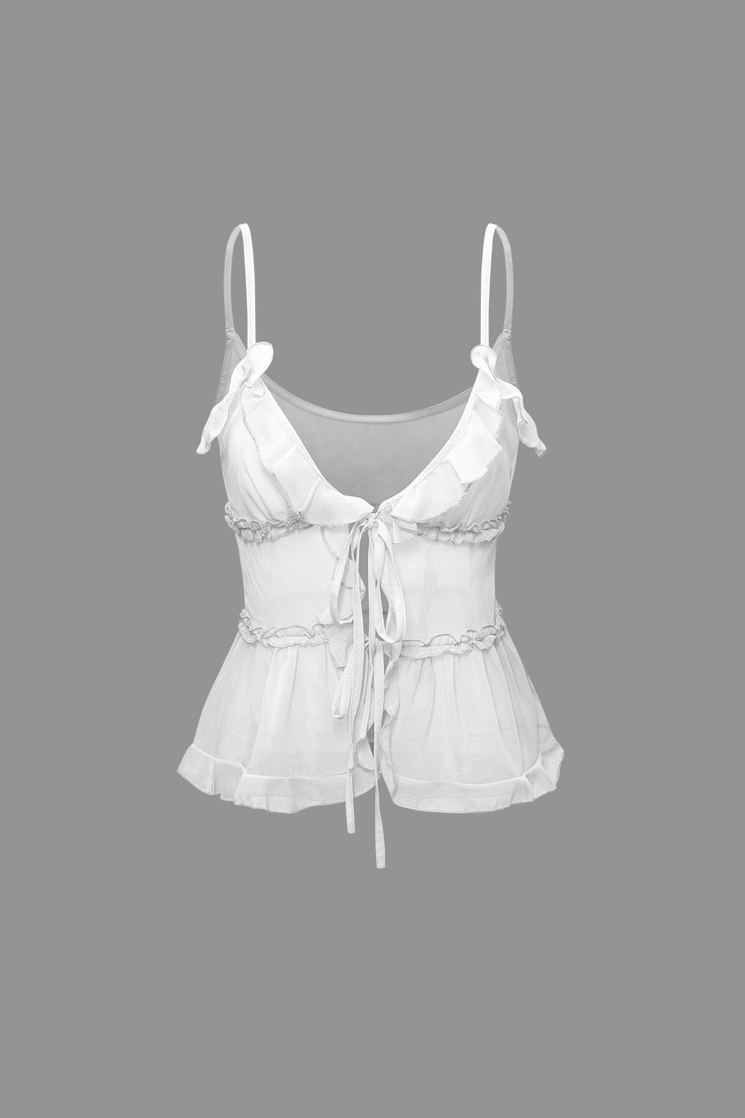 SHEER RUFFLE CAMI TOP IN BLACK WITH SOLID COLOR DESIGN