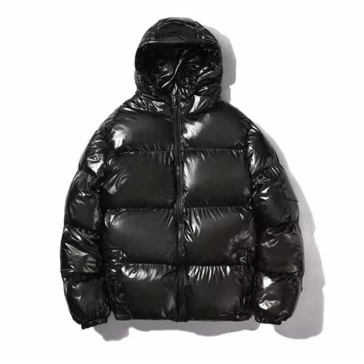 SHINY BLACK PUFFER JACKET WITH HOOD - LIGHTWEIGHT JACKET PUFF TO STAY WARM