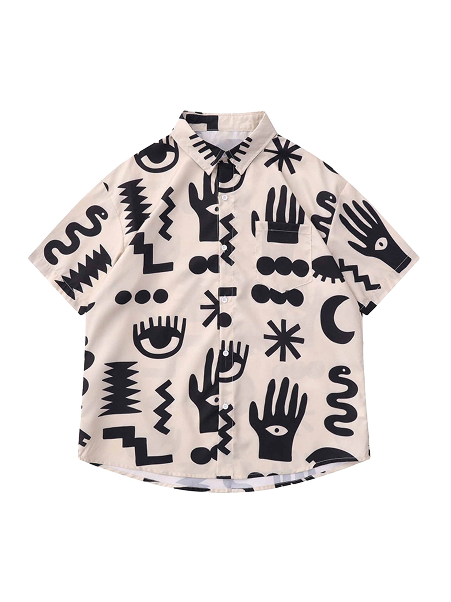 SHORT-SLEEVED BUTTON-DOWN SHIRT WITH BLACK MYSTICAL PATTERN - TRENDY CASUAL