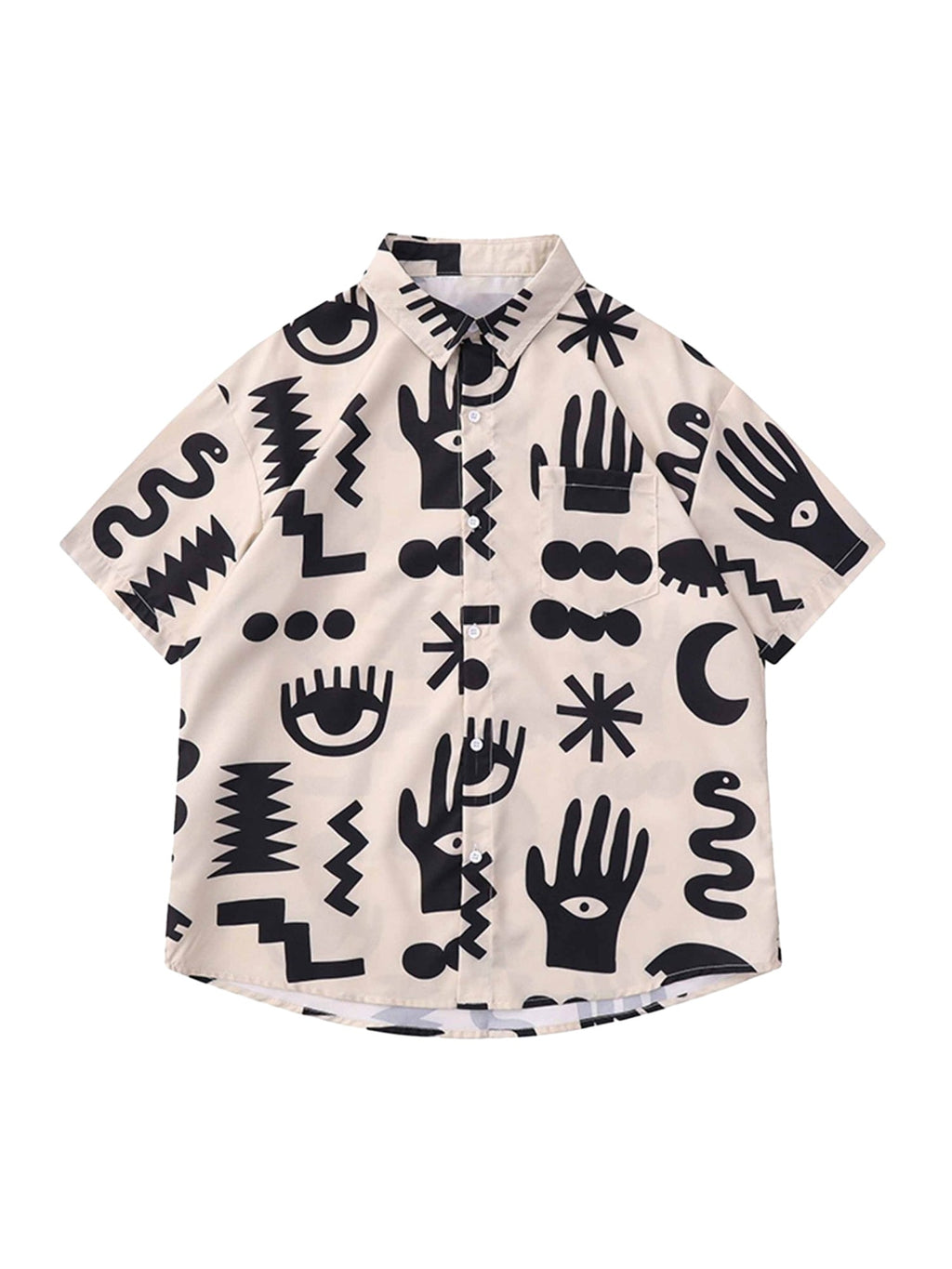 SHORT-SLEEVED BUTTON-DOWN SHIRT WITH BLACK MYSTICAL PATTERN - TRENDY CASUAL