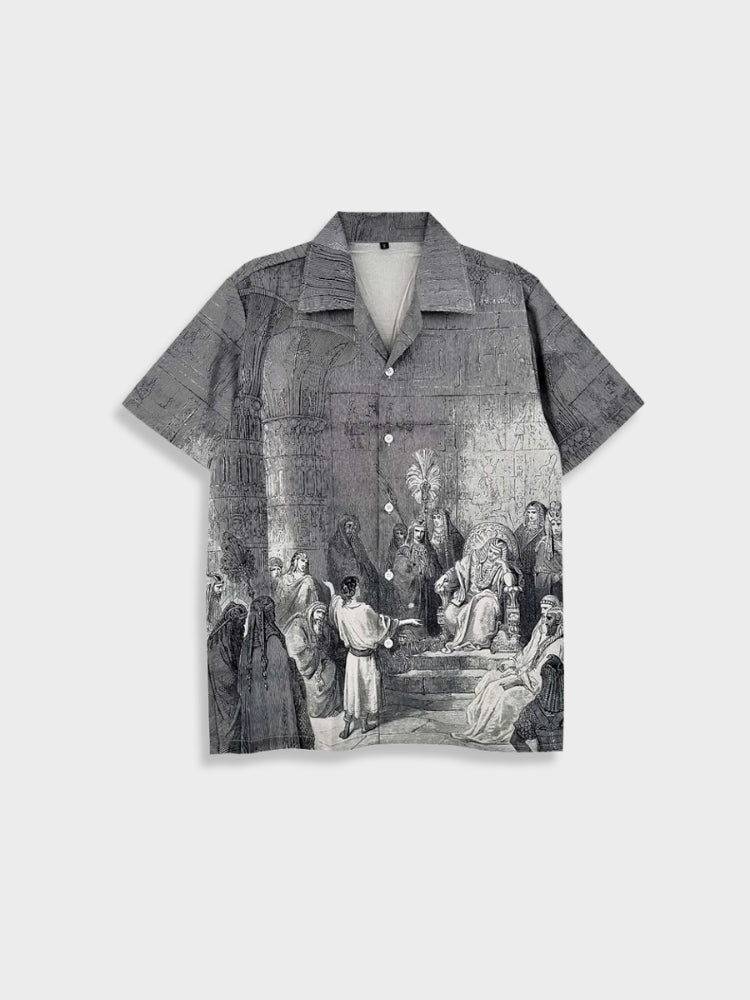 SHORT-SLEEVED BUTTON-DOWN SHIRT WITH HISTORICAL SCENE PRINT - KING T-SHIRT