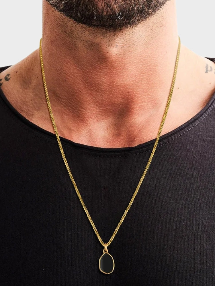 SILVER CHAIN NECKLACE WITH BLACK PENDANT VINTAGE STAINLESS STEEL