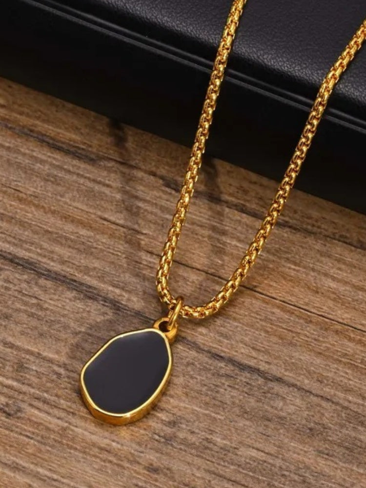 SILVER CHAIN NECKLACE WITH BLACK PENDANT VINTAGE STAINLESS STEEL