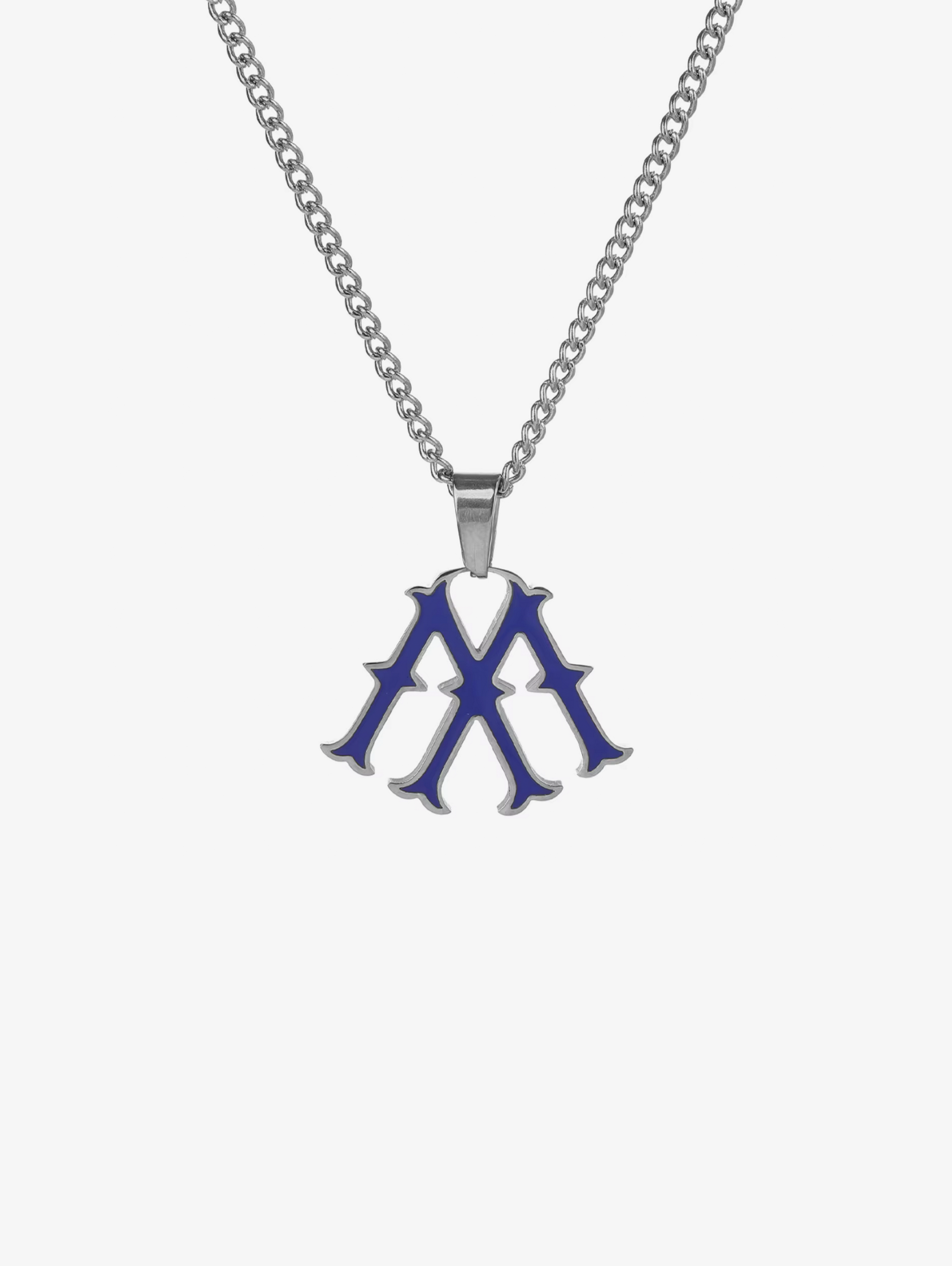 SILVER CHAIN NECKLACE WITH BLUE MONOGRAM PENDANT FOR PERSONALIZATION