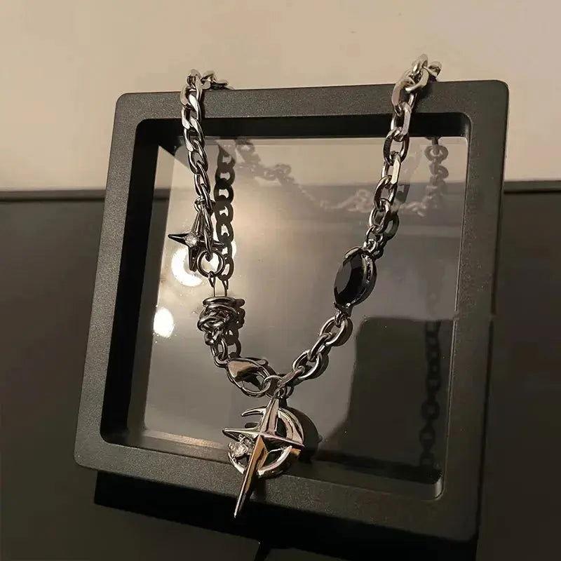 SILVER CHAIN NECKLACE WITH STAR AND COMPASS CHARMS FOR TRACKING LINK