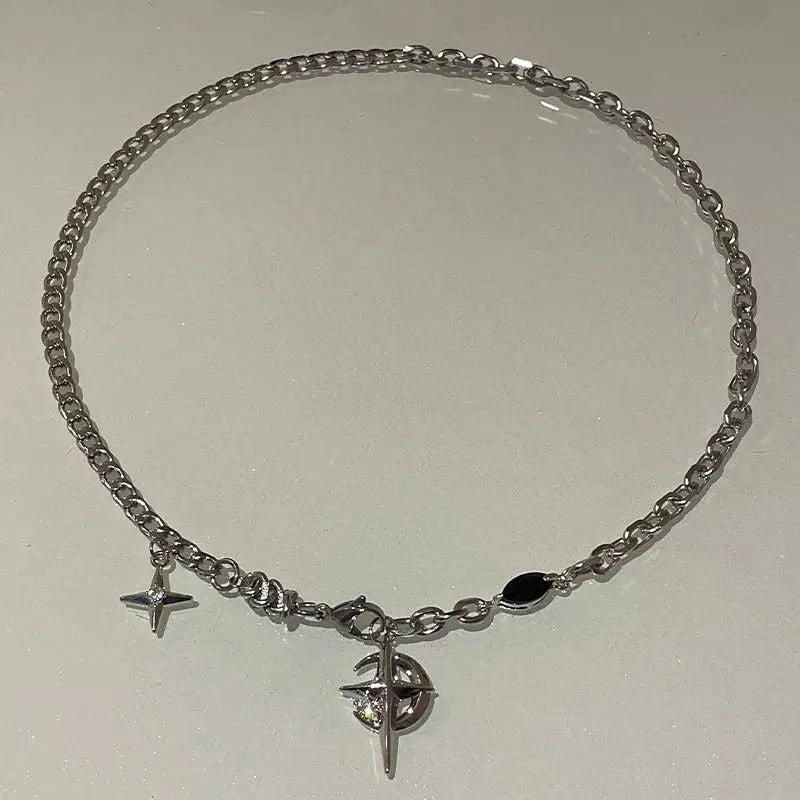 SILVER CHAIN NECKLACE WITH STAR AND COMPASS CHARMS FOR TRACKING LINK