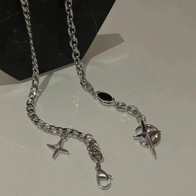 SILVER CHAIN NECKLACE WITH STAR AND COMPASS CHARMS FOR TRACKING LINK