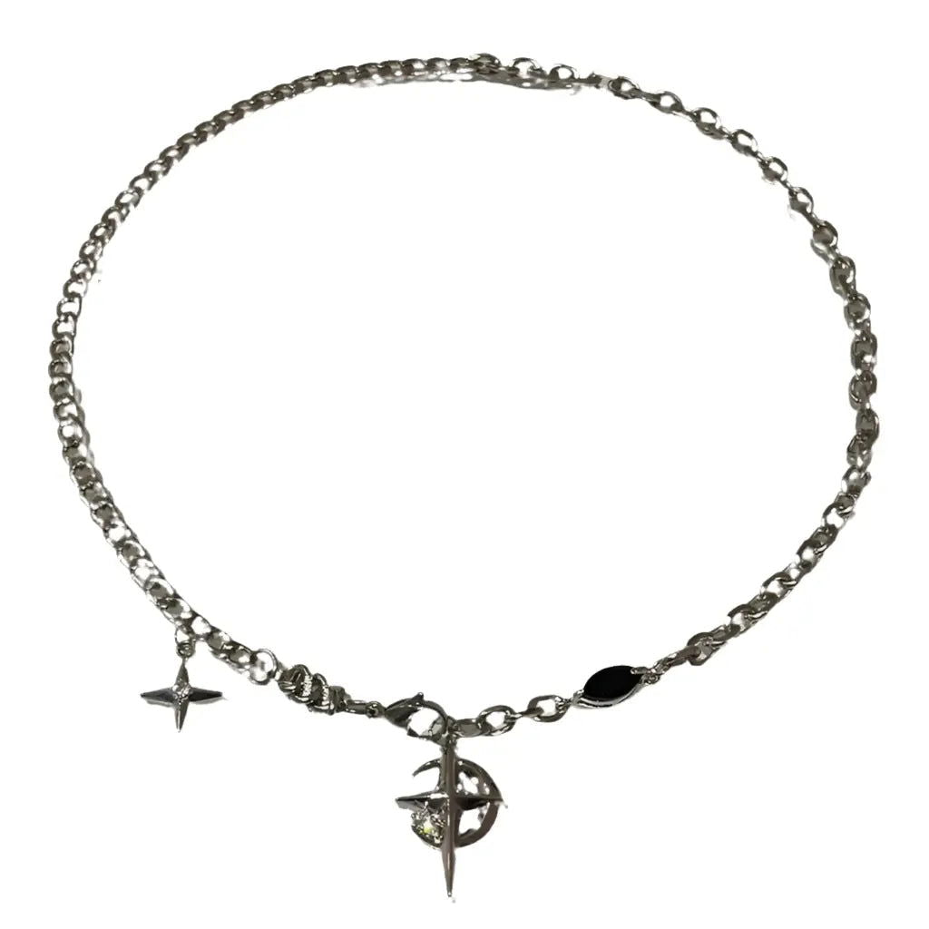 SILVER CHAIN NECKLACE WITH STAR AND COMPASS CHARMS FOR TRACKING LINK