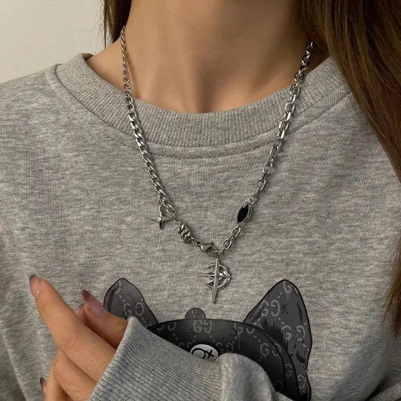 SILVER CHAIN NECKLACE WITH STAR AND COMPASS CHARMS FOR TRACKING LINK