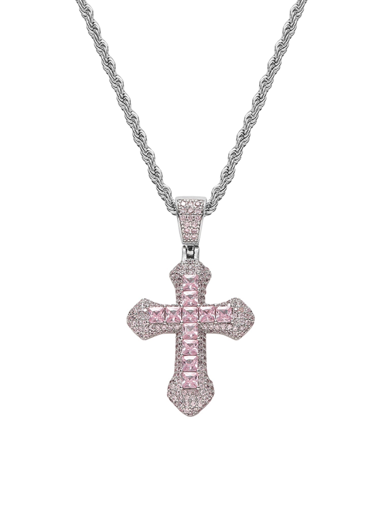 SILVER CHAIN WITH PINK AND WHITE JEWELED CROSS PENDANT