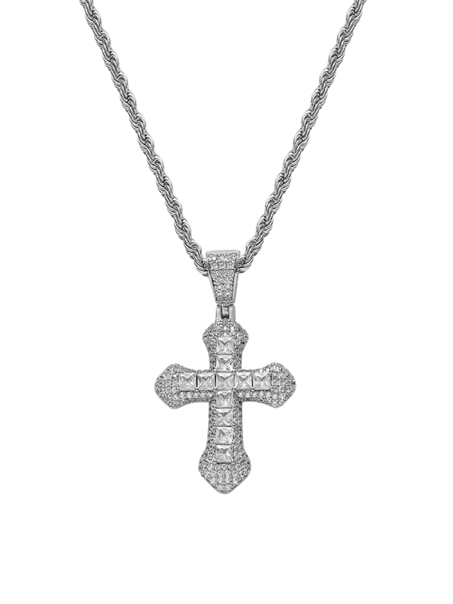 SILVER CHAIN WITH PINK AND WHITE JEWELED CROSS PENDANT