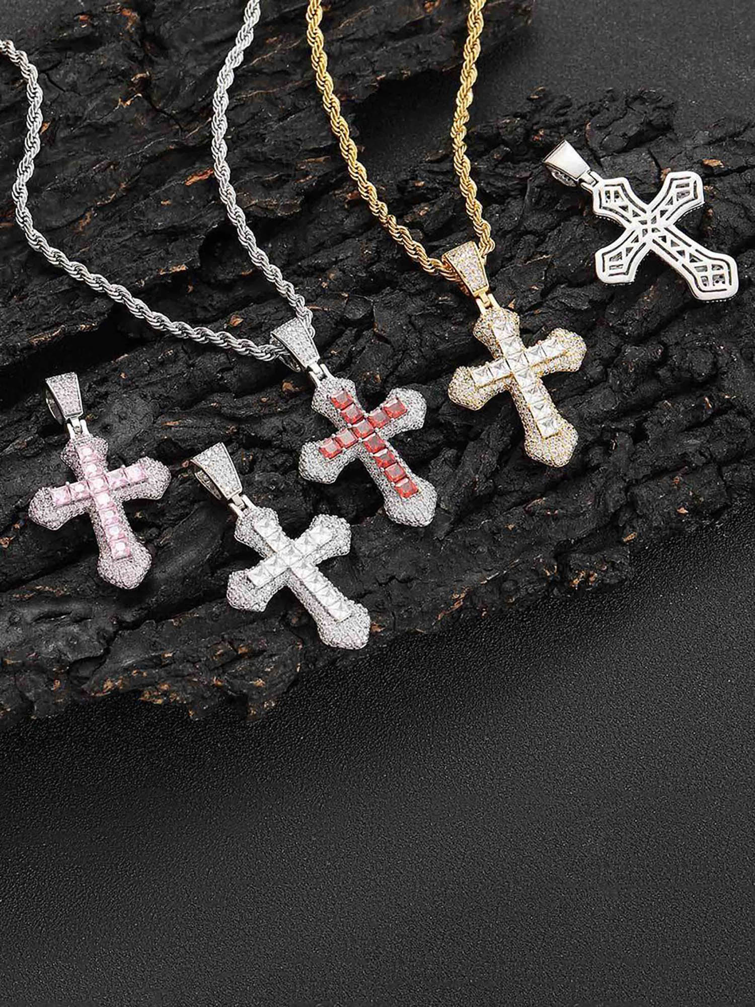 SILVER CHAIN WITH PINK AND WHITE JEWELED CROSS PENDANT