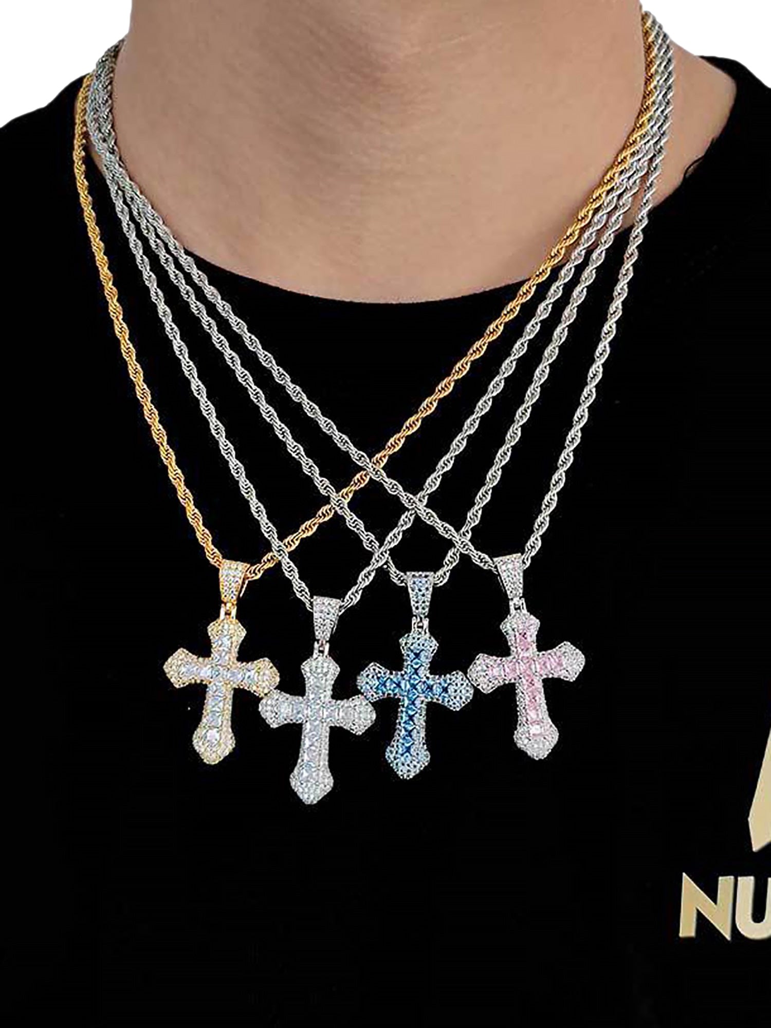 SILVER CHAIN WITH PINK AND WHITE JEWELED CROSS PENDANT