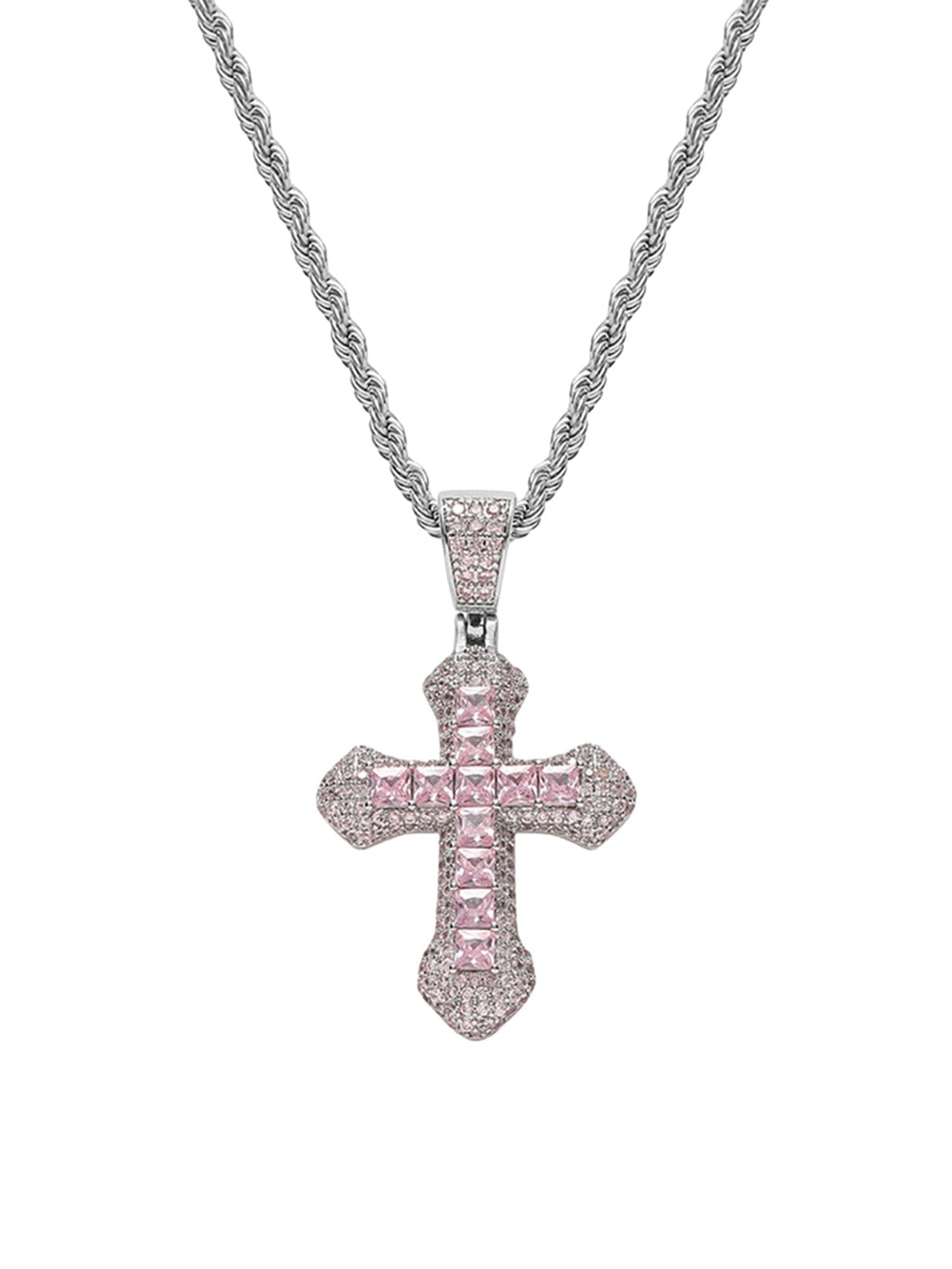 SILVER CHAIN WITH PINK AND WHITE JEWELED CROSS PENDANT