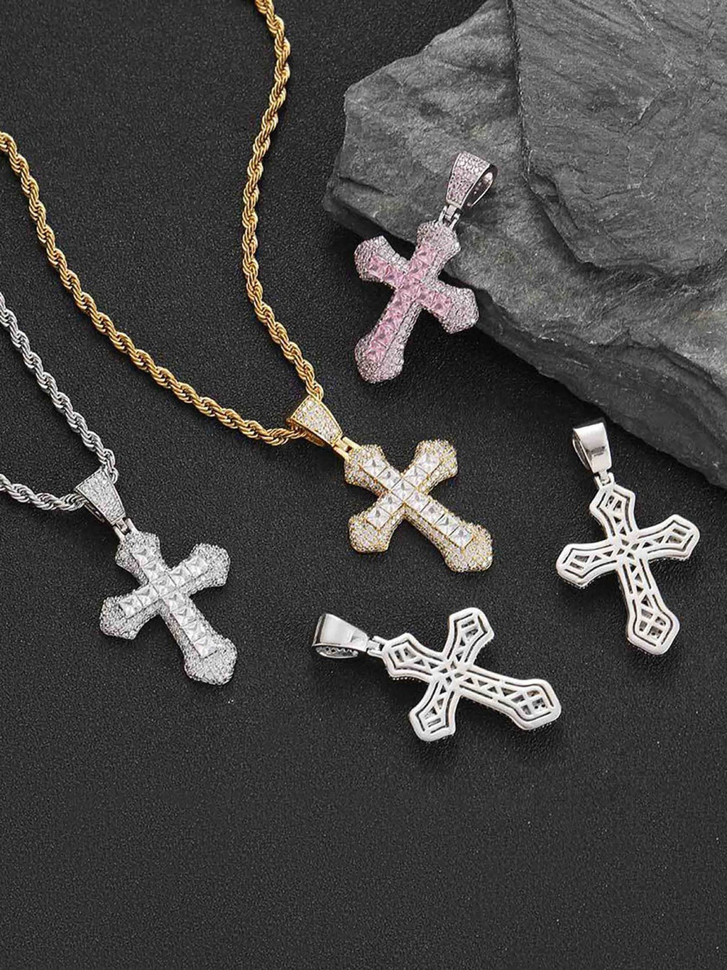 SILVER CHAIN WITH PINK AND WHITE JEWELED CROSS PENDANT
