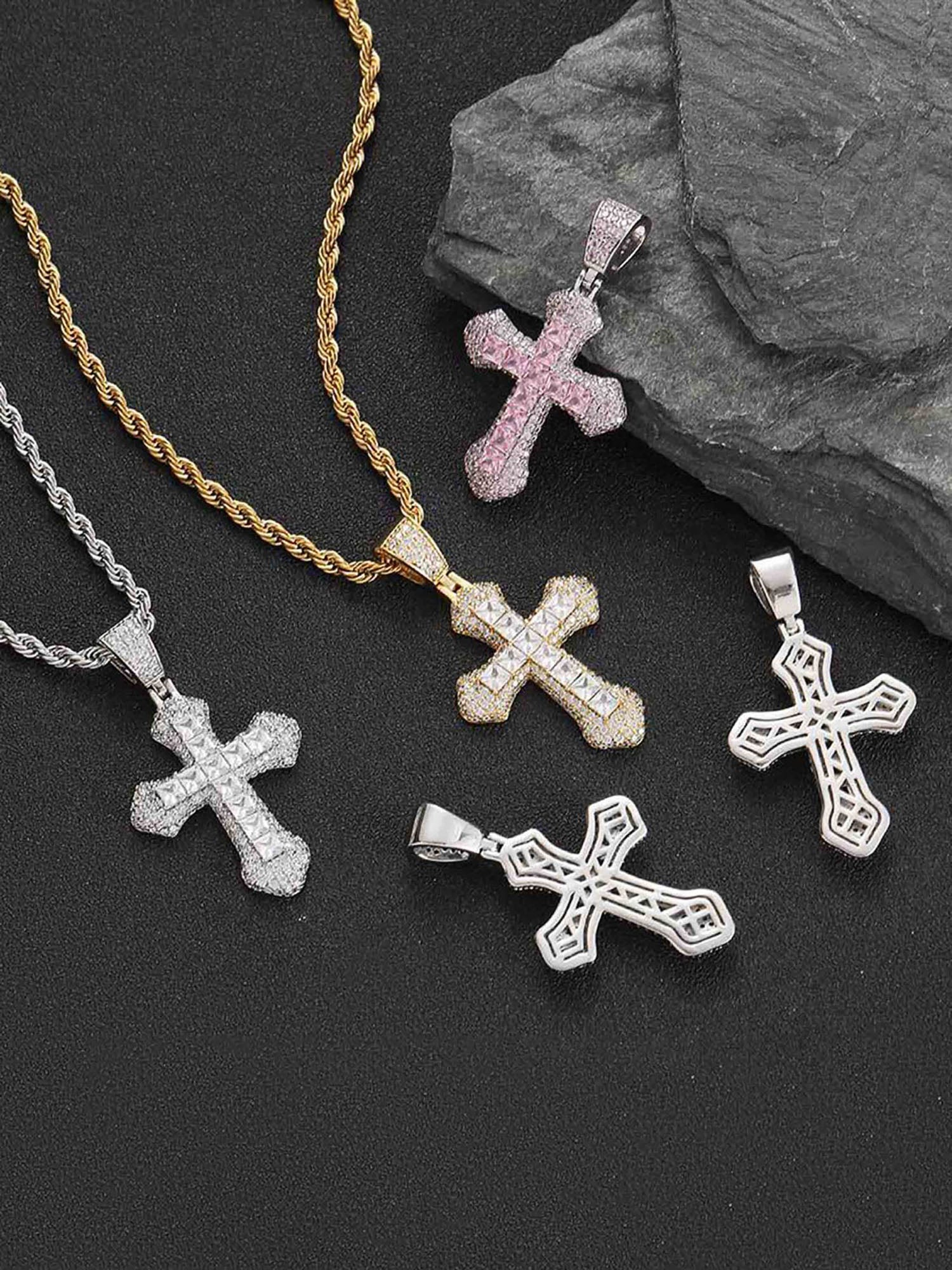 SILVER CHAIN WITH PINK AND WHITE JEWELED CROSS PENDANT