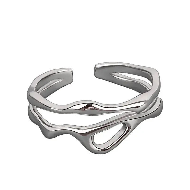 SILVER DOUBLE-BANDED OPEN RING WITH HOLLOW CENTER FOR EVERYDAY WEAR