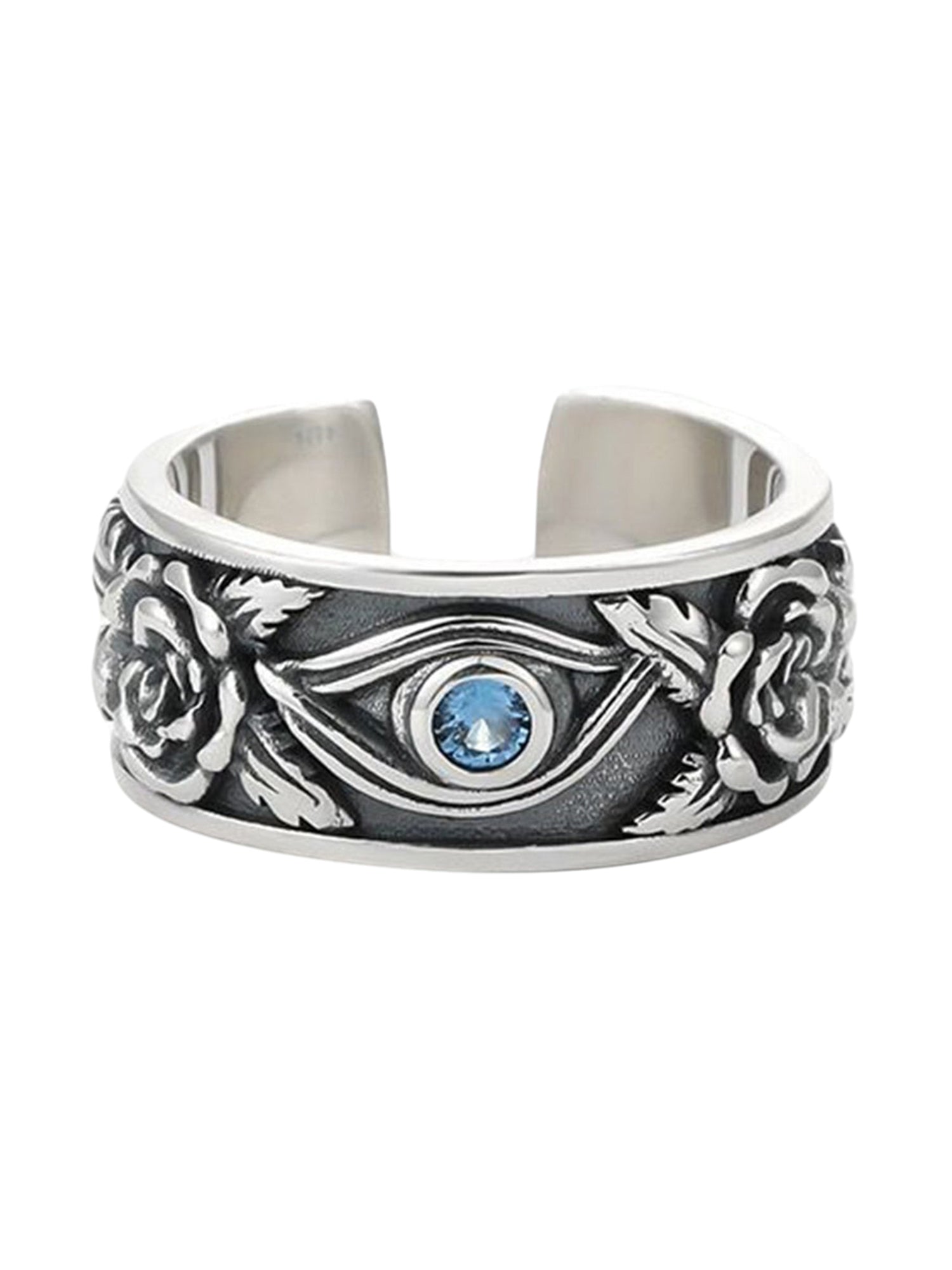 SILVER EYE RING WITH ROSES AND BLUE GEMSTONE - GOD’S EYE DESIGN
