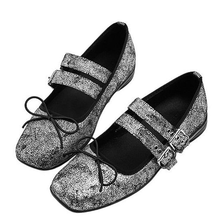 SILVER GLITTER MARY JANE FLATS WITH VEGAN LEATHER AND BALLET FLATS STYLE