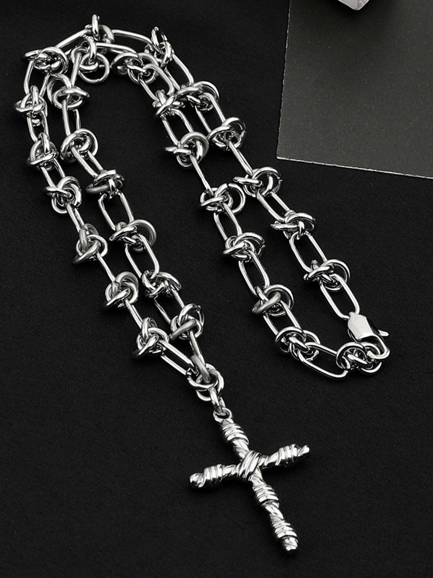 SILVER KNOTTED CHAIN NECKLACE WITH CROSS PENDANT DAILY ADULT