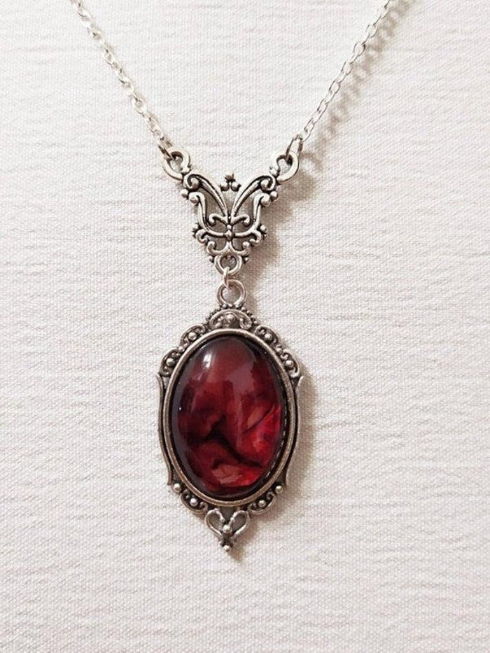 SILVER NECKLACE WITH STUNNING RED OVAL PENDANT