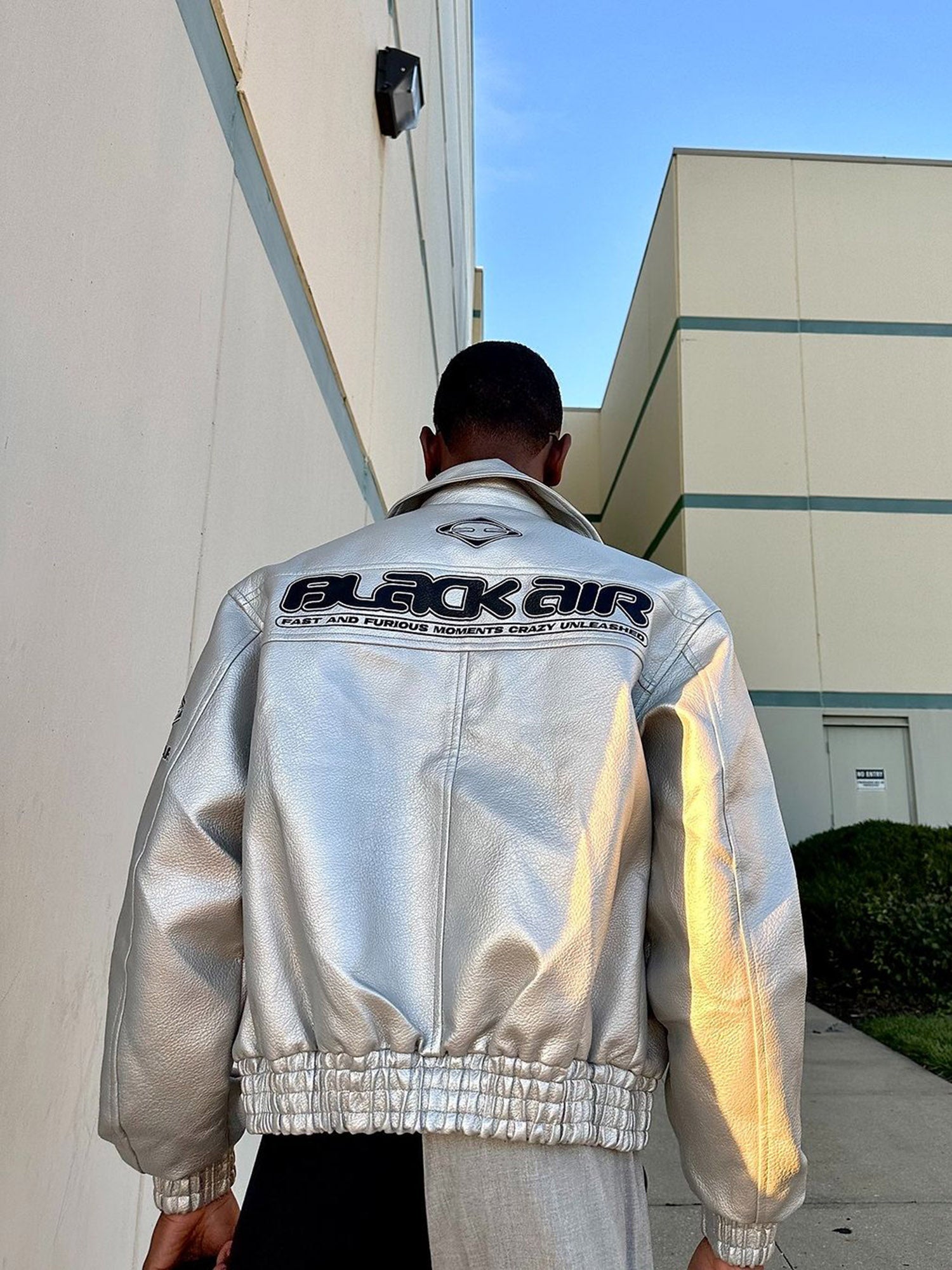 SILVER RACING JACKET WITH VINTAGE EMBROIDERED LONG SLEEVE AND LAPEL COLLAR