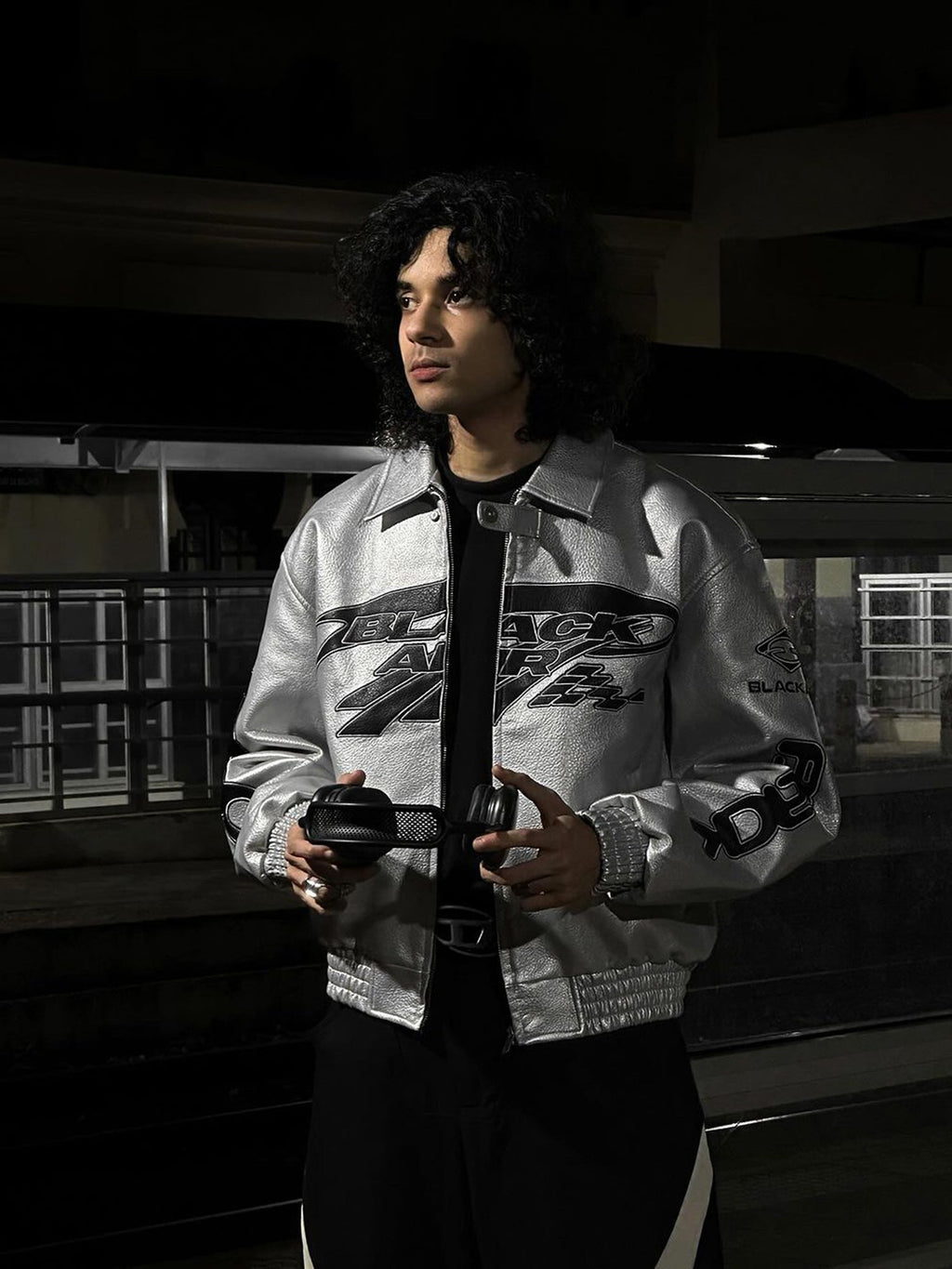 SILVER RACING JACKET WITH VINTAGE EMBROIDERED LONG SLEEVE AND LAPEL COLLAR