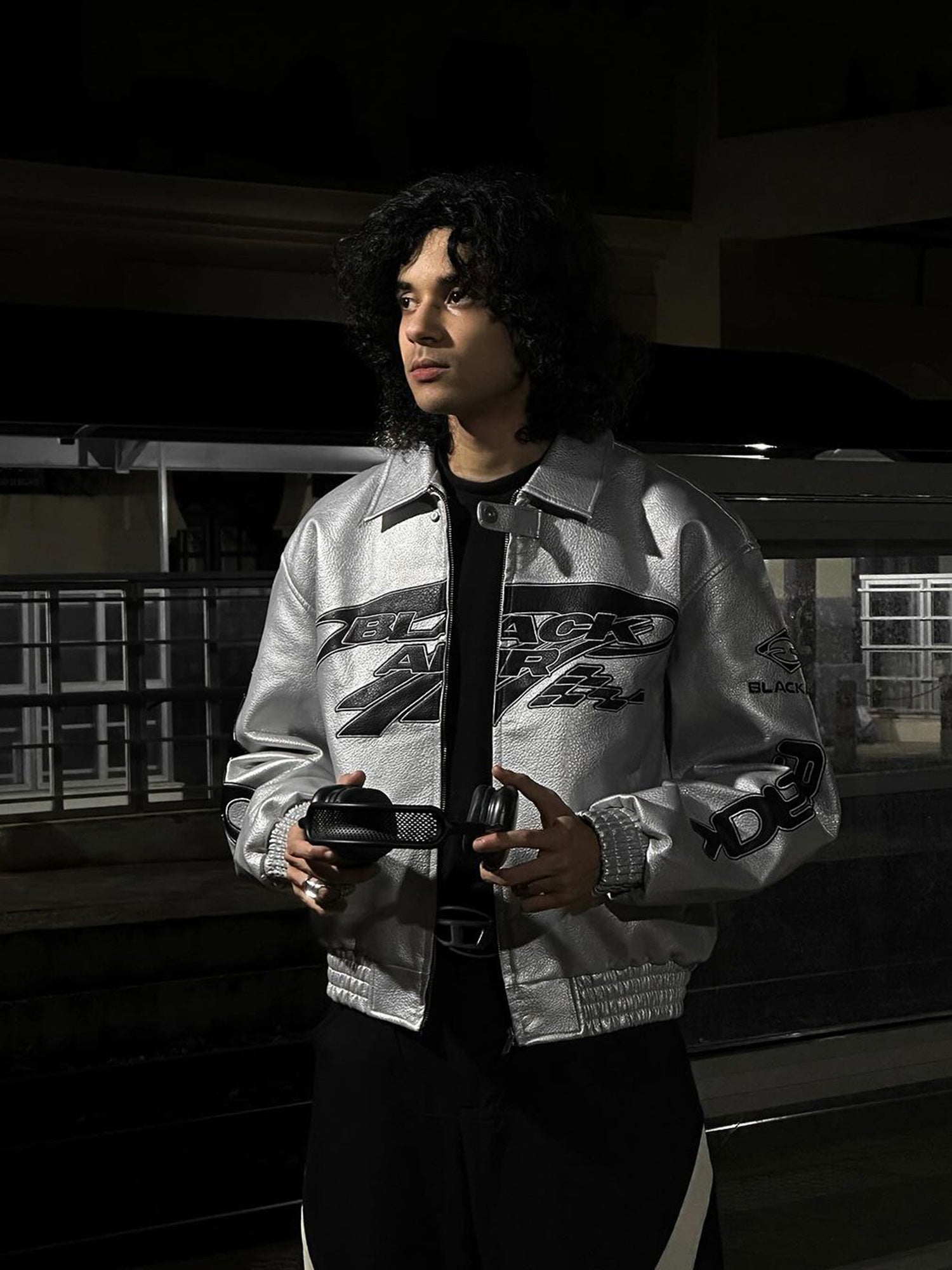 SILVER RACING JACKET WITH VINTAGE EMBROIDERED LONG SLEEVE AND LAPEL COLLAR