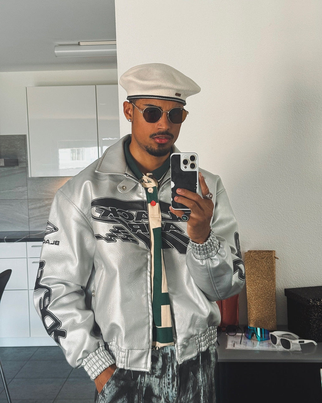 SILVER RACING JACKET WITH VINTAGE EMBROIDERED LONG SLEEVE AND LAPEL COLLAR