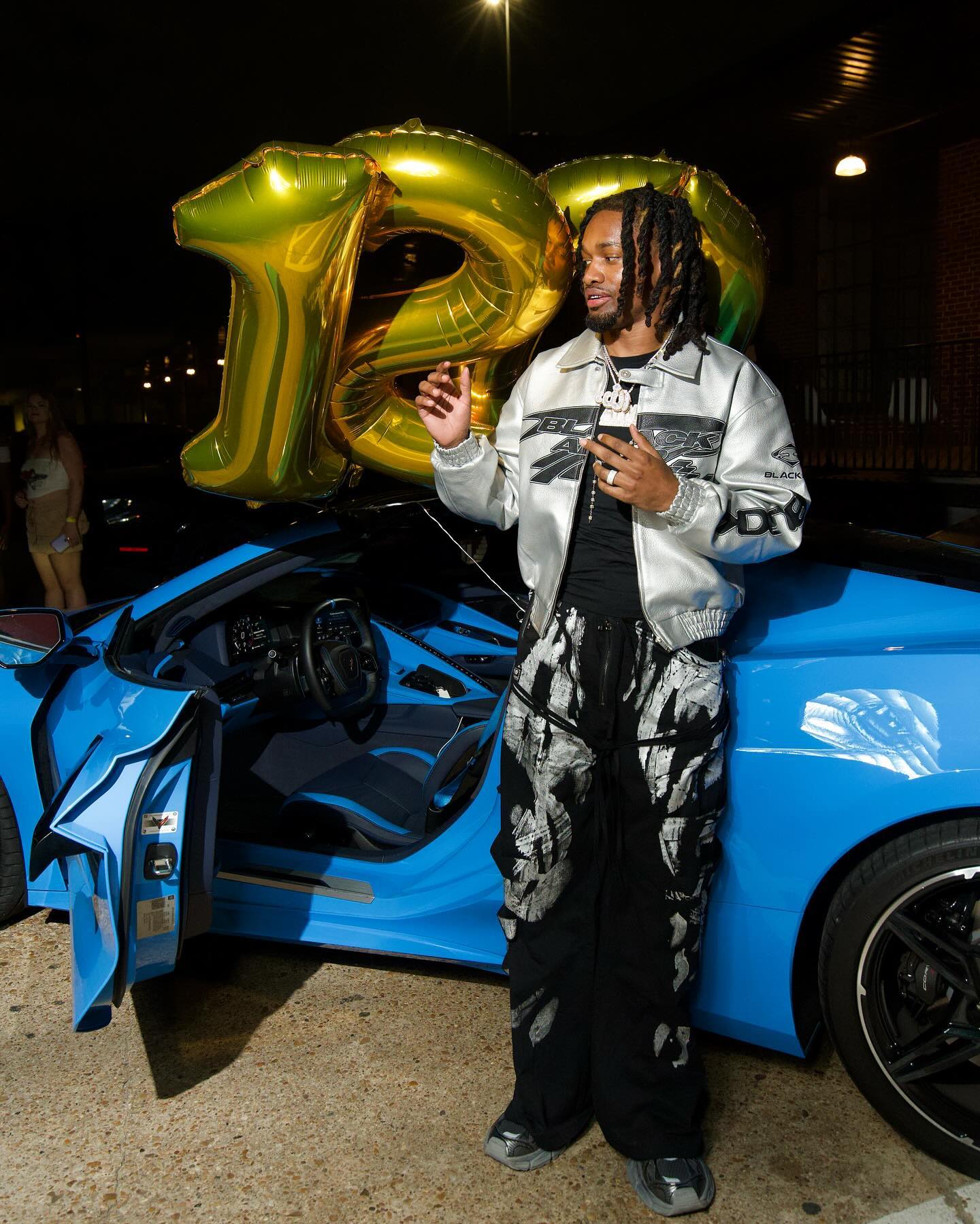 SILVER RACING JACKET WITH VINTAGE EMBROIDERED LONG SLEEVE AND LAPEL COLLAR