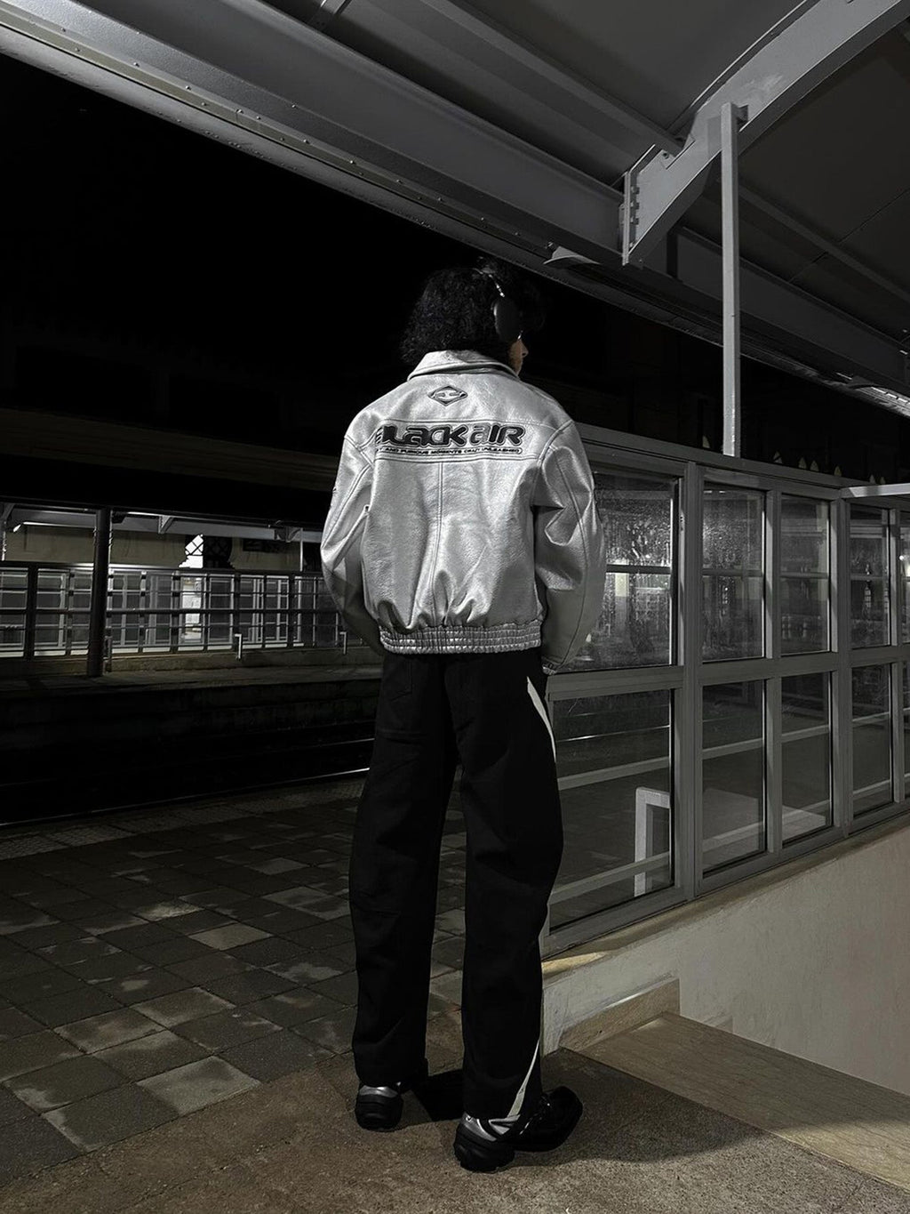 SILVER RACING JACKET WITH VINTAGE EMBROIDERED LONG SLEEVE AND LAPEL COLLAR