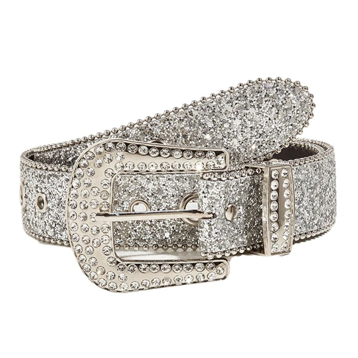 SILVER RHINESTONE BELT HIGH-QUALITY VEGAN LEATHER