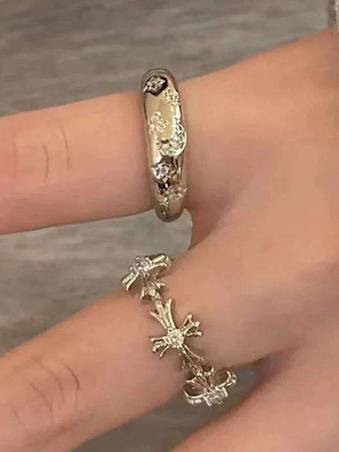 SILVER RING SET WITH CROSS AND FLORAL DESIGNS - CROSS MOON STAR