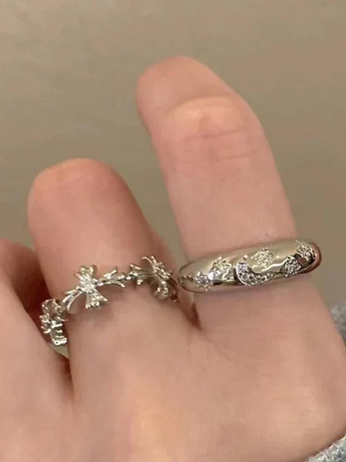 SILVER RING SET WITH CROSS AND FLORAL DESIGNS - CROSS MOON STAR