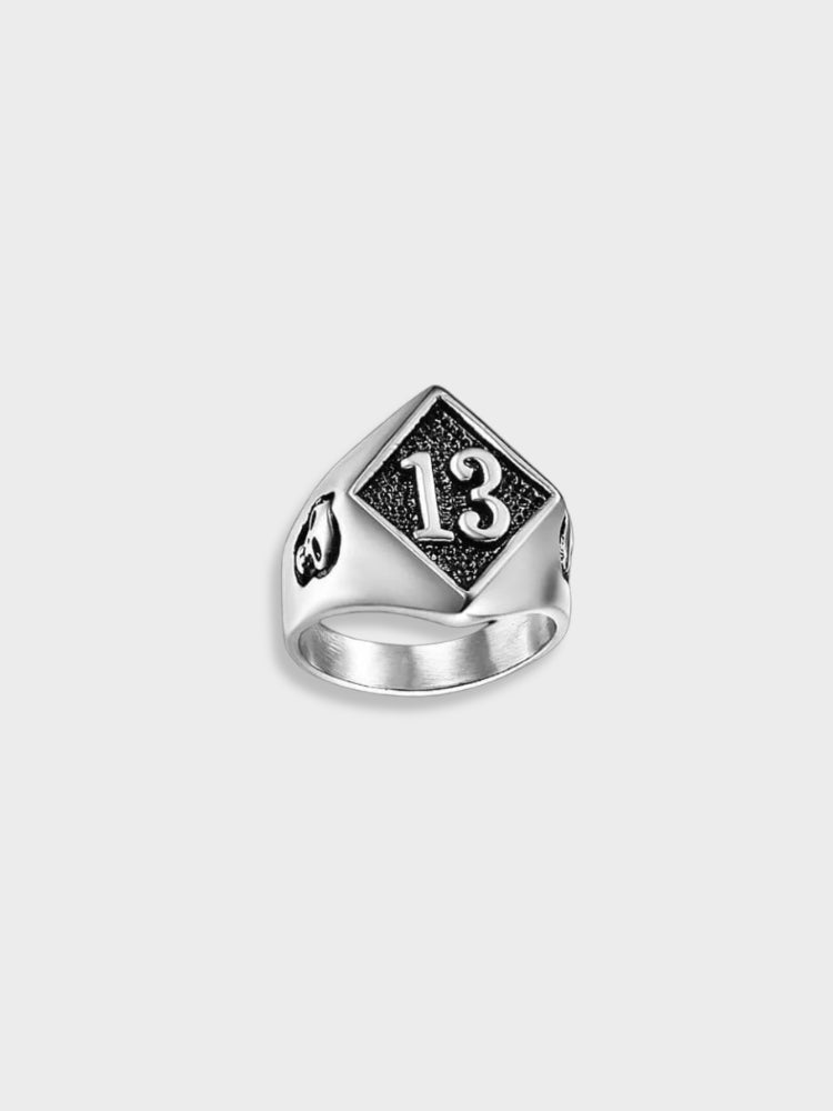 SILVER RING WITH DIAMOND-SHAPED FACE AND LUCKY NUMBER 13 FOR GOOD FORTUNE
