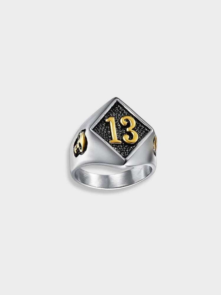 SILVER RING WITH DIAMOND-SHAPED FACE AND LUCKY NUMBER 13 FOR GOOD FORTUNE