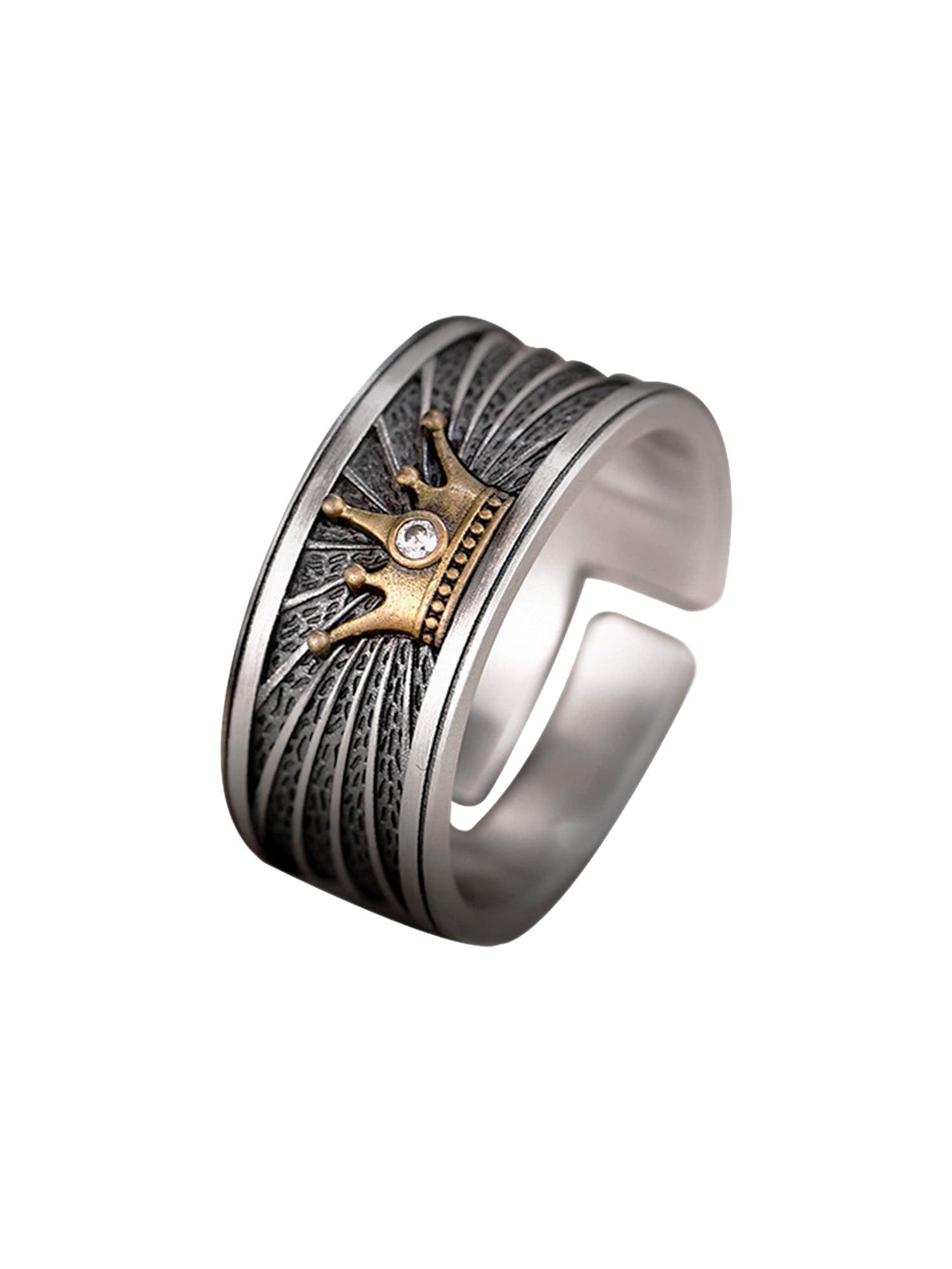 SILVER RING WITH GOLDEN CROWN AND TEXTURED BAND
