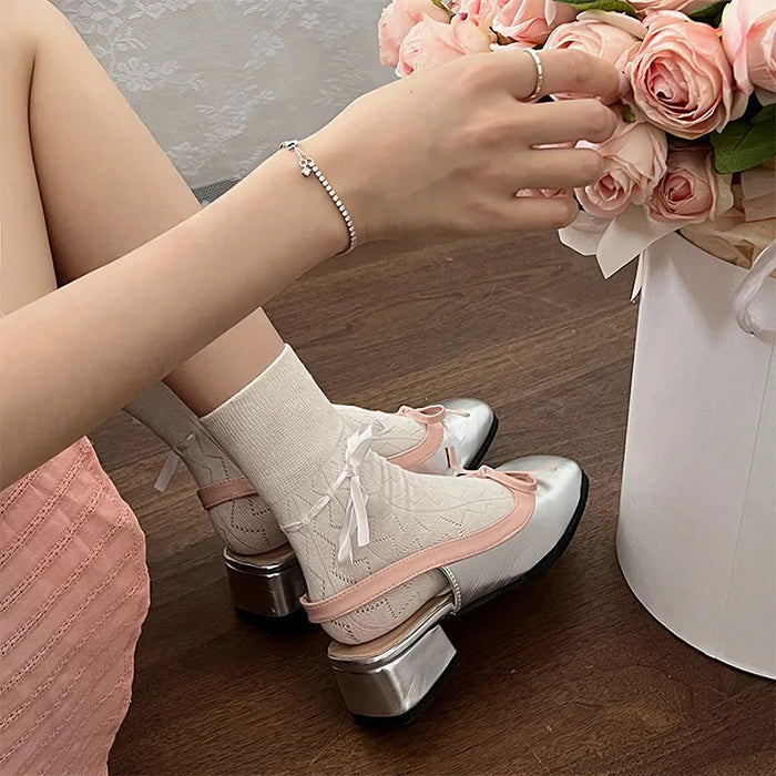 SILVER SLINGBACK SHOES WITH PINK BOWS FOR WOMEN