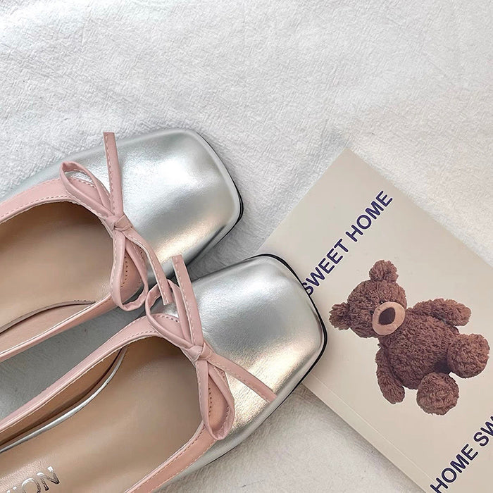 SILVER SLINGBACK SHOES WITH PINK BOWS FOR WOMEN
