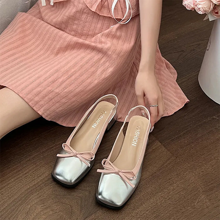 SILVER SLINGBACK SHOES WITH PINK BOWS FOR WOMEN