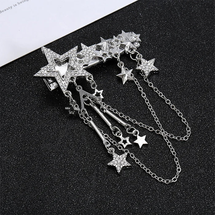 SILVER STAR-THEMED HAIR CLIP WITH DANGLING CHAINS Y2K STARS RHINESTONE