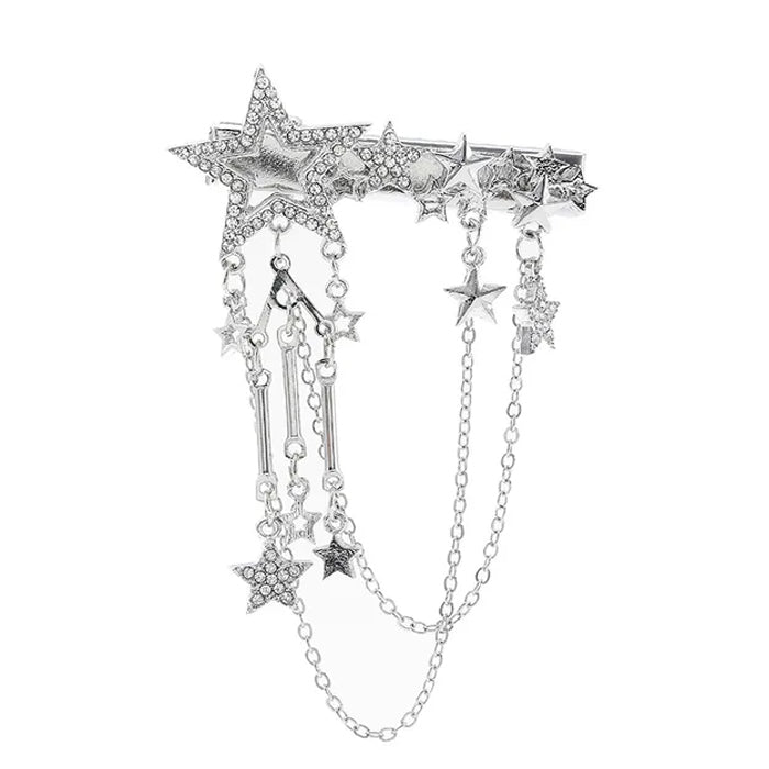 SILVER STAR-THEMED HAIR CLIP WITH DANGLING CHAINS Y2K STARS RHINESTONE