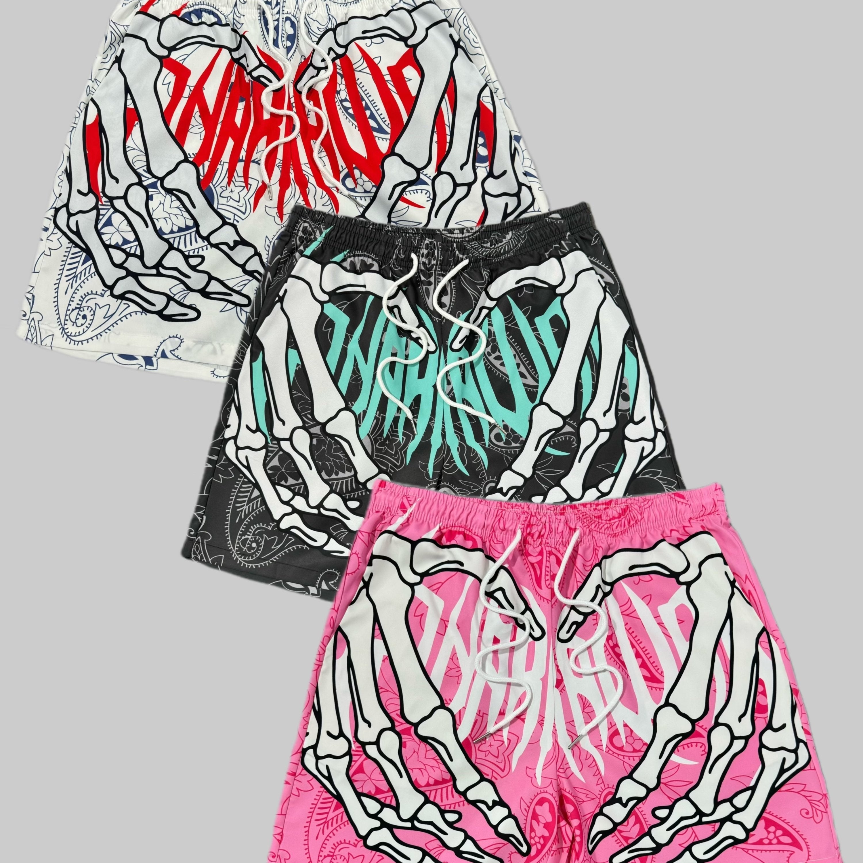 SKELETON-HAND-PRINTED WOVEN SHORTS BUNDLE - REGULAR FIT GRAFFITI PRINT
