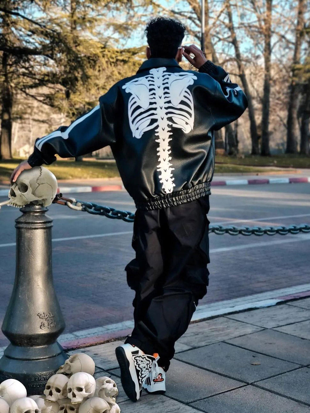 SKELETON-THEMED JACKET AND JEANS SET WITH LONG SLEEVE LAPEL COLLAR