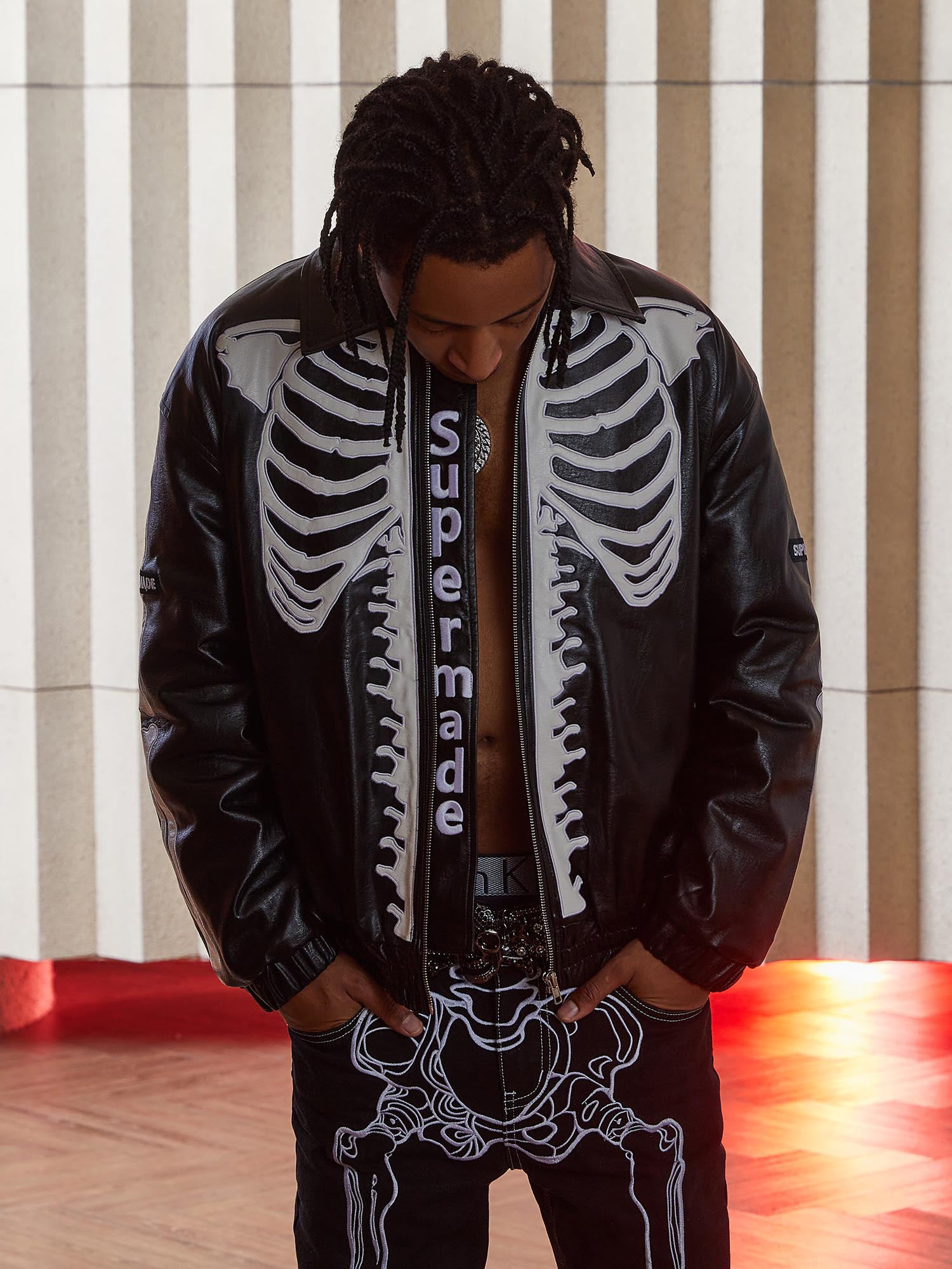 SKELETON-THEMED JACKET AND JEANS SET WITH LONG SLEEVE LAPEL COLLAR