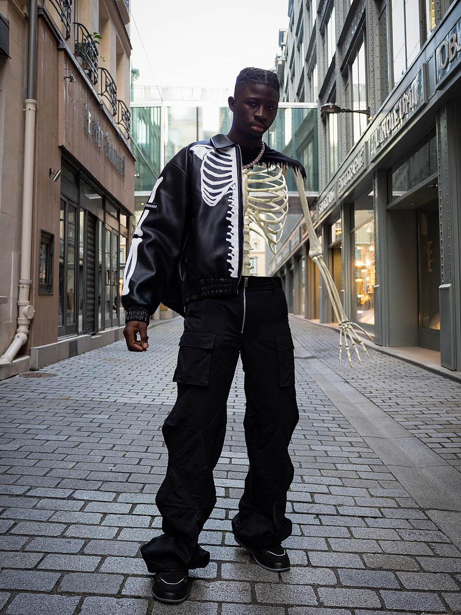 SKELETON-THEMED JACKET AND JEANS SET WITH LONG SLEEVE LAPEL COLLAR