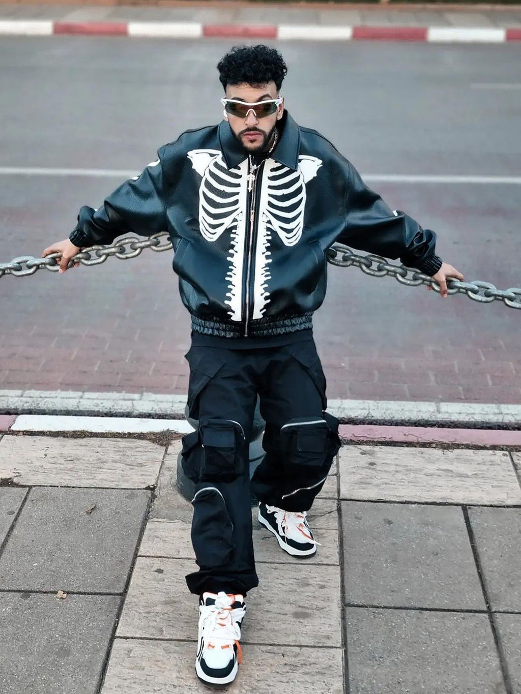 SKELETON-THEMED JACKET AND JEANS SET WITH LONG SLEEVE LAPEL COLLAR