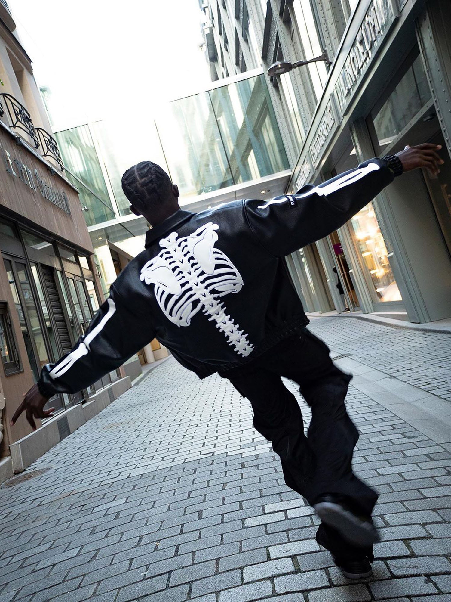 SKELETON-THEMED JACKET AND JEANS SET WITH LONG SLEEVE LAPEL COLLAR