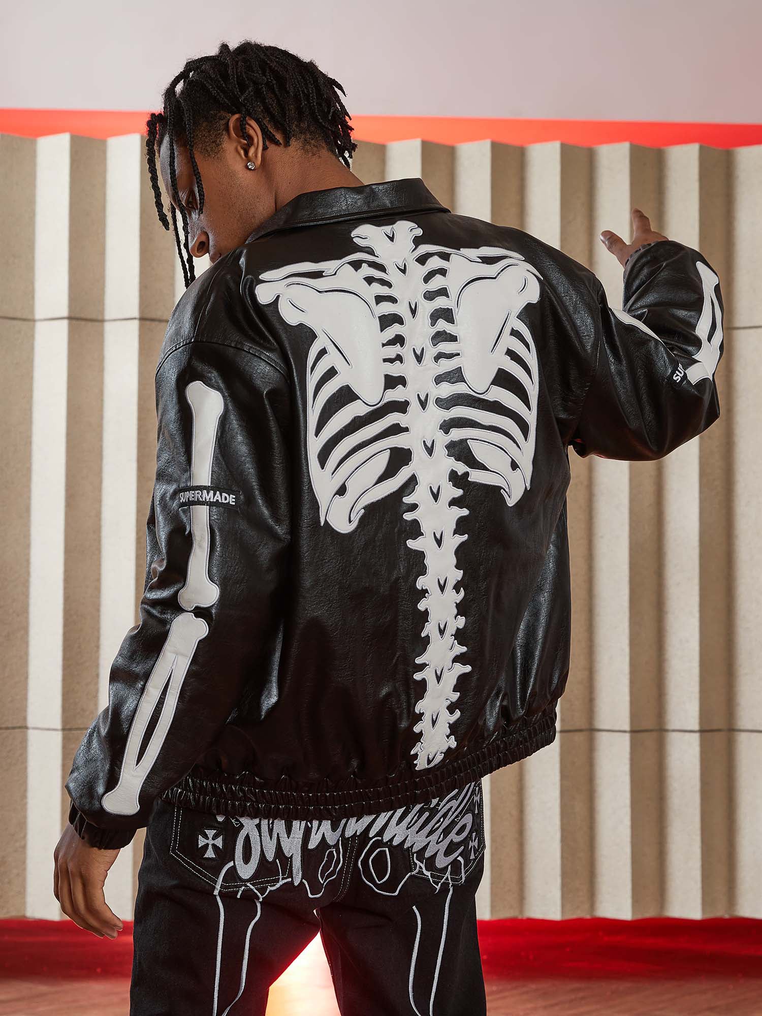 SKELETON-THEMED JACKET AND JEANS SET WITH LONG SLEEVE LAPEL COLLAR